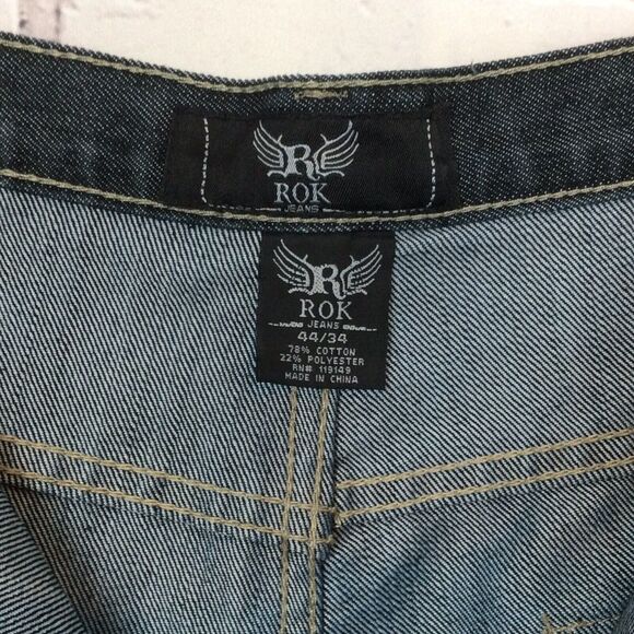 ROK Men’s Sz 44x34 Blue Jeans Denim Straight Leg Embroidered Pockets Whiskering - Picture 2 of 11